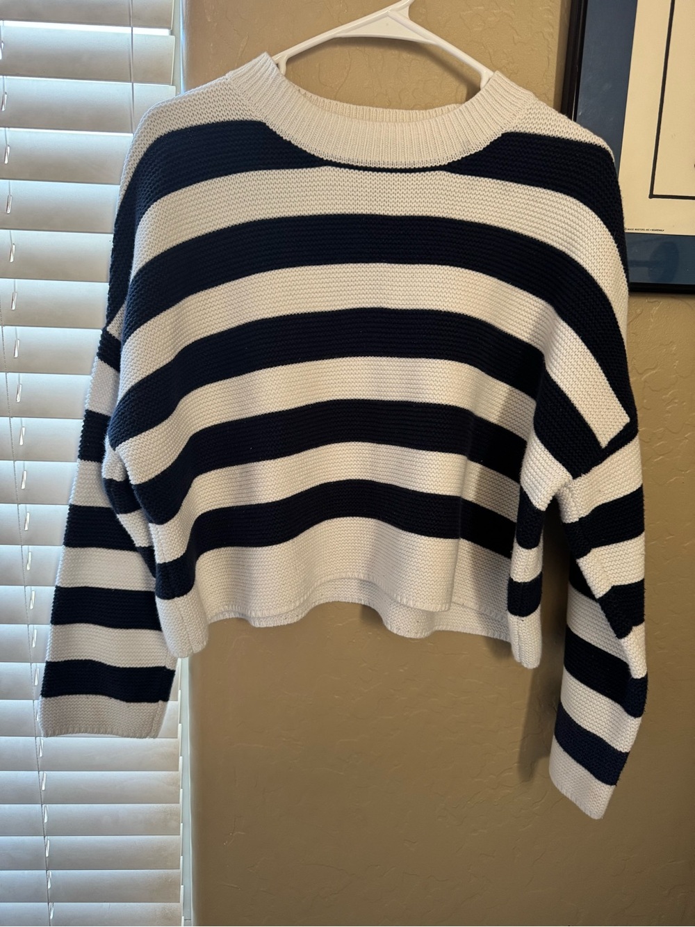moon & madison Navy and White Striped Cropped Crewneck Sweater